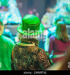 Vue arrière de femme en chapeau vert célébrant avec des personnes équipées Patrick's Day Banque D'Images