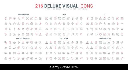 Périphériques intelligents et service INFORMATIQUE, communication réseau et icônes de ligne d'ingénierie définies. Développement d'applications mobiles, réalité augmentée, automatisation de processus illustration vectorielle de symboles noirs et rouges minces Illustration de Vecteur