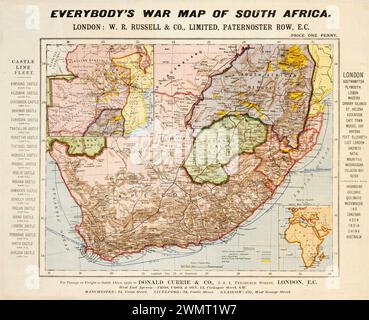 Carte vintage : 'Everybody's War Map of South Africa. WR Russel et Co. Circa 1899-1901. Période de la seconde Guerre des Boers. La carte montre les ressources, le transport. Banque D'Images