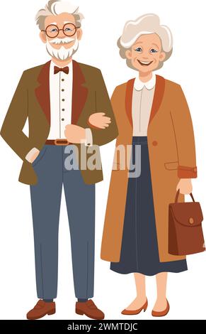 Heureux couple senior de la mode moderne homme et femme âgés. Illustration plate vectorielle isolée sur fond blanc Illustration de Vecteur