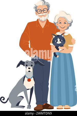 Heureux couple senior de la mode moderne homme âgé et femme avec animal de compagnie. Illustration plate vectorielle isolée sur fond blanc Illustration de Vecteur