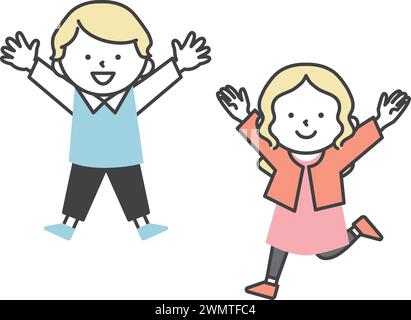 Mignons enfants blonds souriant et sautant joyeusement. Illustration de caractère simple et mignon. Illustration de Vecteur