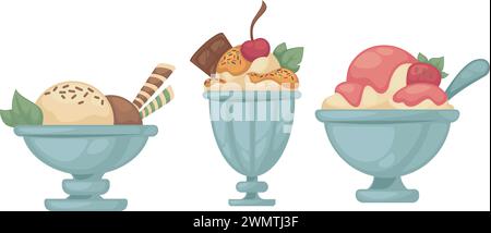 Crème glacée desserts glacés dans des bols, repas de café Illustration de Vecteur
