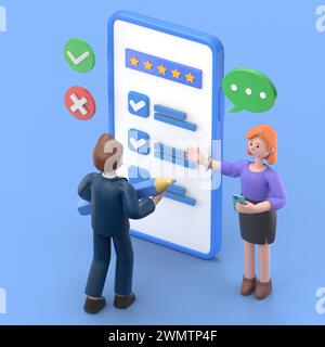 Personnages remplissant le test en ligne dans le formulaire d'enquête client. Femme et homme mettant une coche sur la liste de contrôle. Expériences et satisfaction client Co Banque D'Images