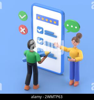 Personnages remplissant le test en ligne dans le formulaire d'enquête client. Femme et homme mettant une coche sur la liste de contrôle. Expériences et satisfaction client Co Banque D'Images