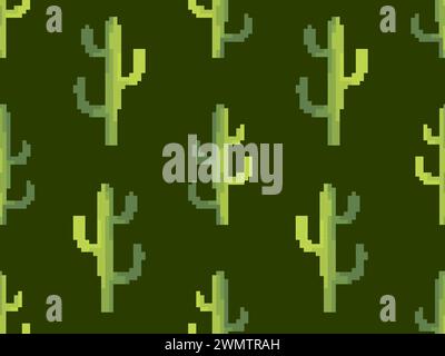 Modèle sans couture avec des cactus dans le style pixel art. Cactus verts 8 bits dans le style des jeux vidéo classiques des années 80. Design rétro pour impression, papier d'emballage et Illustration de Vecteur