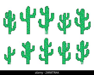 Jeu d'icônes de cactus pixel isolé sur fond blanc. Cactus dans le style pixel art, graphiques 8 bits dans le style des années 90 Design rétro pour l'impression, wrapp Illustration de Vecteur