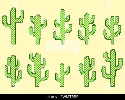 Jeu d'icônes pixel cactus. Cactus dans le style pixel art, graphiques 8 bits dans le style des années 90 Design rétro pour l'impression, le papier d'emballage et la publicité. VE Illustration de Vecteur