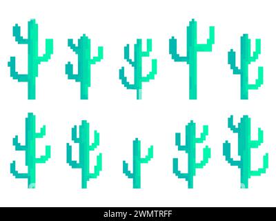 Jeu d'icônes de cactus pixel isolé sur fond blanc. Cactus dans le style pixel art, graphiques 8 bits dans le style des années 90 Design rétro pour l'impression, wrapp Illustration de Vecteur