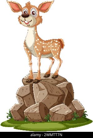 Un jeune cerf heureux debout au sommet d'un tas de rochers Illustration de Vecteur
