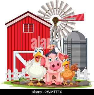 Animaux de ferme de dessins animés devant une grange rouge Illustration de Vecteur