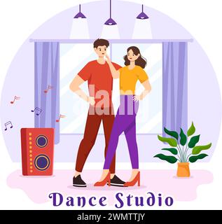 Illustration vectorielle de studio de danse avec des couples de danse exécutant accompagné de musique dans Flat Cartoon fond Design Illustration de Vecteur