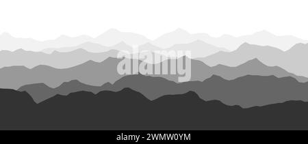 Silhouettes montagneuses noires et blanches. Vue panoramique sur le paysage Haze. Crêtes de montagne et collines arrière-plan. Monture d'ombre grise avec brume et brouillard. Illustration de terrain de paysage vectoriel Illustration de Vecteur