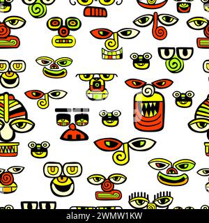 Motif sans couture des visages graphiques abstraits. Ancien masque Inca. dessin à la main. Pas ai . Illustration vectorielle Illustration de Vecteur