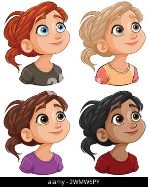 Quatre visages de fille de dessin animé montrant la diversité et la personnalité. Illustration de Vecteur