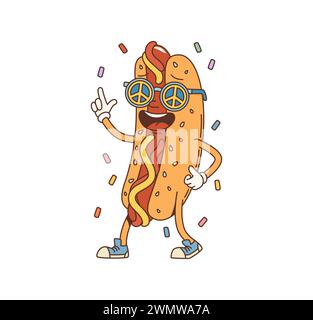 Personnage groovy de hot dog de dessin animé. Personnage de fast-food psychédélique isolé avec une ambiance funky, avec un sourire charmant, portant des lunettes de soleil de signe de paix cool et une pose décontractée, semblable à la danse Illustration de Vecteur