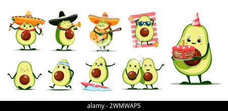 Personnages d'avocat mexicain kawaii de dessin animé avec sombrero, guitare et maracas, personnages d'enfants vectoriels. Avocat mignon drôle avec gâteau d'anniversaire, sur planche de surf ou vacances d'été et sport de fitness Illustration de Vecteur