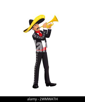 Personnage de vacances mexicain Cinco de Mayo, musicien mariachi en sombrero avec trompette, vecteur isolé. Cinco de Mayo fiesta ou homme mariachi de carnaval jouant de la musique mariachi en costume national Illustration de Vecteur