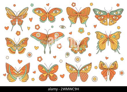 Papillon hippie groovy, insectes rétro isolés. Ensemble vectoriel isolé incarnant l'esprit de la contre-culture des années 1960 avec une beauté psychédélique, des teintes vibrantes, des motifs d'ailes complexes et des vols fantaisistes Illustration de Vecteur