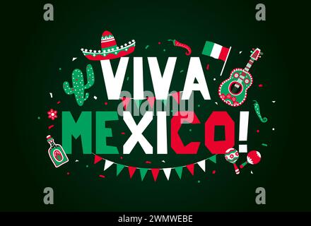 Viva Mexico bannière pour le jour national de l'indépendance mexicaine avec sombrero, tequila et maracas, drapeaux vectoriels. Bannière de célébration du jour de l'indépendance du Mexique avec drapeau mexicain, maracas et poivrons Illustration de Vecteur