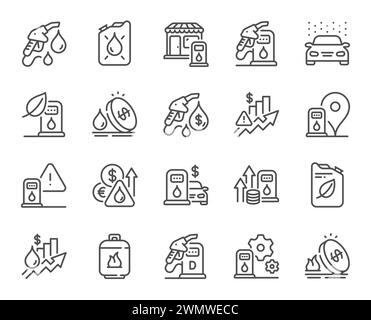 Icônes de ligne de station-service. Cartouche d'essence, ensemble de bouteilles de carburant diesel et de gaz. Vecteur Illustration de Vecteur