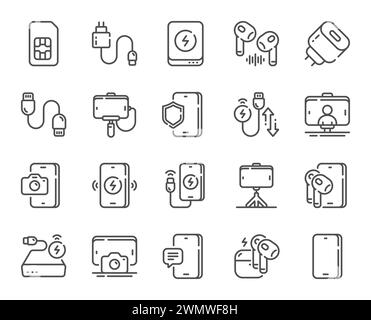 Icônes de ligne d'accessoires mobiles. Carte SIM, bâton selfie et chargeur sans fil. Vecteur Illustration de Vecteur