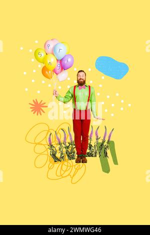 Image d'esquisse d'art de tendance composite collage photo 3d de jeune homme souriant tenir dans la main cadeau hélium ballons voler dans l'air printemps venir Banque D'Images