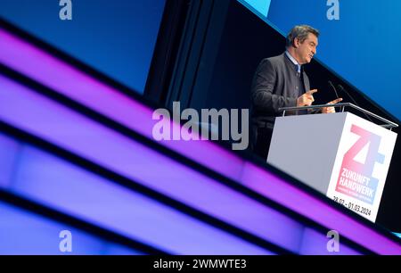 Munich, Allemagne. 28 février 2024. Markus Söder (CSU), ministre-président de Bavière, assiste à l'ouverture de la Foire internationale de l'artisanat (IHM). Crédit : Sven Hoppe/dpa/Alamy Live News Banque D'Images