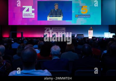 Munich, Allemagne. 28 février 2024. Markus Söder (CSU), ministre-président de Bavière, assiste à l'ouverture de la Foire internationale de l'artisanat (IHM). Crédit : Sven Hoppe/dpa/Alamy Live News Banque D'Images