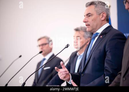 Wien, Österreich. 28. Février 2024. Pressefoyer nach Ministerrat der Österreichischen Bundesregierung im Parlament. Bild zeigt Bundeskanzler Karl Nehammer ÖVP. *** Vienne, Autriche 28 février 2024 foyer de la presse après le Conseil des ministres du gouvernement fédéral autrichien au Parlement des photos montrent le chancelier fédéral Karl Nehammer ÖVP Banque D'Images