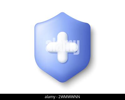 Icône Shield 3D. Concept de soins de santé avec croix. Assurance soins médicaux. Protection contre les virus du système immunitaire. Vecteur Illustration de Vecteur