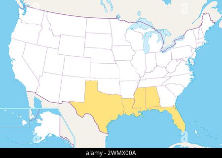 États du Golfe des États-Unis, Golfe Sud ou Côte Sud, carte politique. Côte le long du sud des États-Unis dans le golfe du Mexique. Banque D'Images