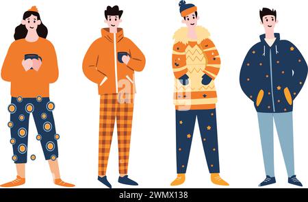 les gens portant un pyjama plat style isolé sur fond Illustration de Vecteur