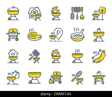 Icônes de ligne de gril. Steak de viande ou de saumon, fumoir BBQ et ensemble de cuisson au feu. Vecteur Illustration de Vecteur