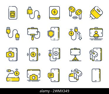 Icônes de ligne d'accessoires mobiles. Carte SIM, bâton selfie et chargeur sans fil. Vecteur Illustration de Vecteur