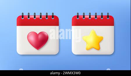 icônes de calendrier 3d avec des formes de coeur et d'étoile, rendu de style graphique. Illustration vectorielle Illustration de Vecteur