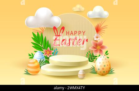 Podium de vacances de Pâques, lièvre avec un panier d'oeufs de Pâques, lapin de Pâques et oeufs. Vecteur Illustration de Vecteur