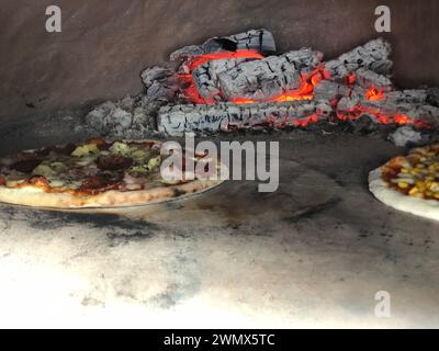 Deux pizzas crues et charbon de bois dans une fosse Banque D'Images