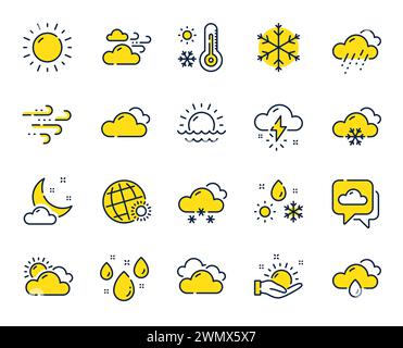 Icônes météo et ligne de prévision. Ciel nuageux, flocon de neige d'hiver et thermomètre. Vecteur Illustration de Vecteur