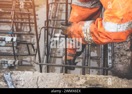 Un travailleur utilise du fil de liage en acier pour attacher des tiges d'acier aux barres de renfort en gros plan. Structures en béton armé - fabrication d'une cage d'armature en acier f Banque D'Images