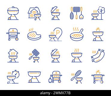 Icônes de ligne de gril. Steak de viande ou de saumon, fumoir BBQ et ensemble de cuisson au feu. Vecteur Illustration de Vecteur