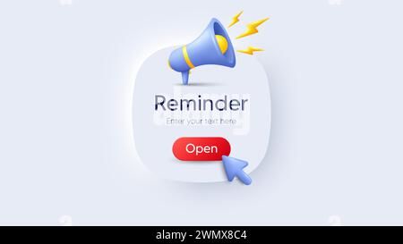 Alert reminder notice message background. Calendar event offer, push notifications box. 3d megaphone banner. Vector Illustration de Vecteur