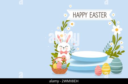 Podium de vacances de Pâques, lièvre avec un panier d'oeufs de Pâques, lapin de Pâques et oeufs. Vecteur Illustration de Vecteur