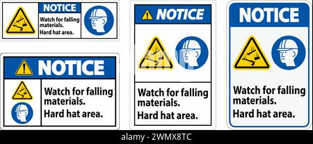Panneau d'avertissement, attention aux chutes de matériaux, zone des casques de sécurité Illustration de Vecteur
