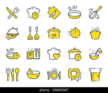 Icônes de ligne de cuisson. Temps d'ébullition, poêle et ustensiles de cuisine. Vecteur Illustration de Vecteur