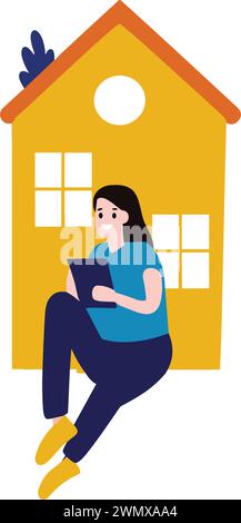 une femme recherchant des biens immobiliers à partir d'un style plat d'ordinateur portable isolé sur fond Illustration de Vecteur