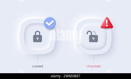 Boutons de verrouillage et de déverrouillage définis. Eléments de l'interface web utilisateur dans la conception Neumorphic. Illustration vectorielle Illustration de Vecteur