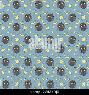 Motif hibou. Modèle sans couture avec hibou drôle gris. Lune, étoiles et hiboux. Conception pour chambre d'enfants, textiles, vêtements, papeterie, scrapbooking. Banque D'Images