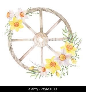 Vieille roue en bois avec des fleurs de jonquilles jaunes et blanches. Bouquet floral de printemps de narcisse peint à la main. Illustration aquarelle pour cartes de vœux Banque D'Images