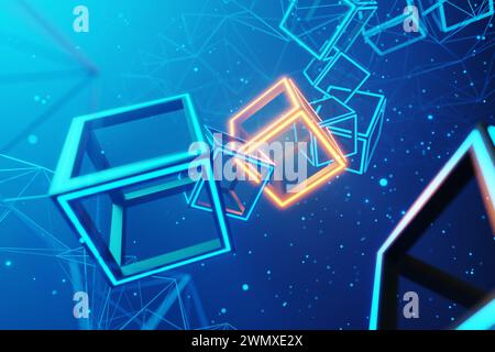 Des éléments filaires cubiques brillants reliant les uns après les autres flottant dans les airs sur fond brumeux bleu. Concept de blockchain et de crypto-monnaies Banque D'Images